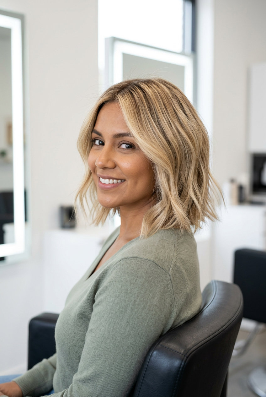collarbone-length buttercream blonde bob with honey babylights, soft root smudge, face-framing layers — effortless beachy