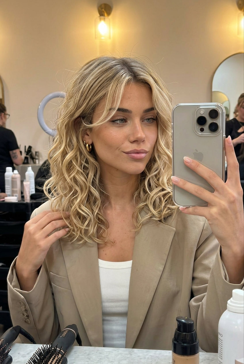 Buttercream Blonde Curly Lob: Summer Hair 2026 collarbone-length curly lob haircut with buttercream blonde color, curlyage highlights, and face-framing layers for summer