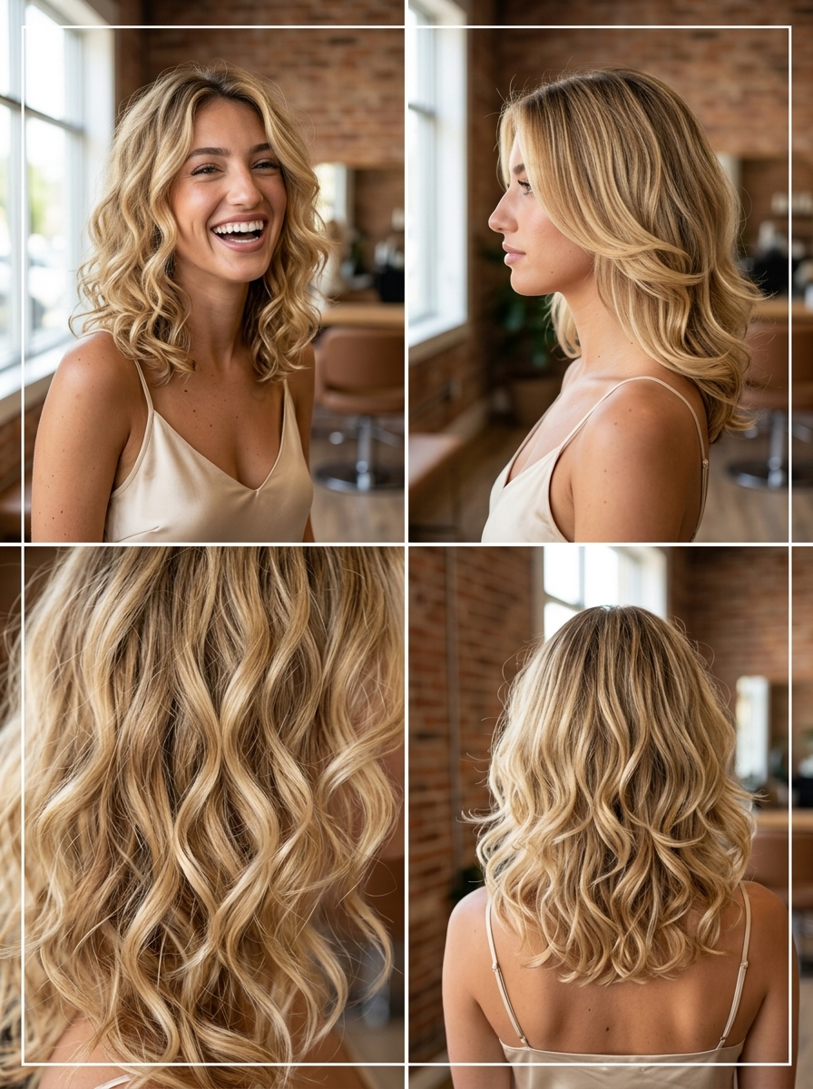 Playful Buttercream Curly Midi-Flick 2026 collarbone-length curly midi-flick haircut with buttercream blonde color, honey babylights, and graduated layers for playful looks