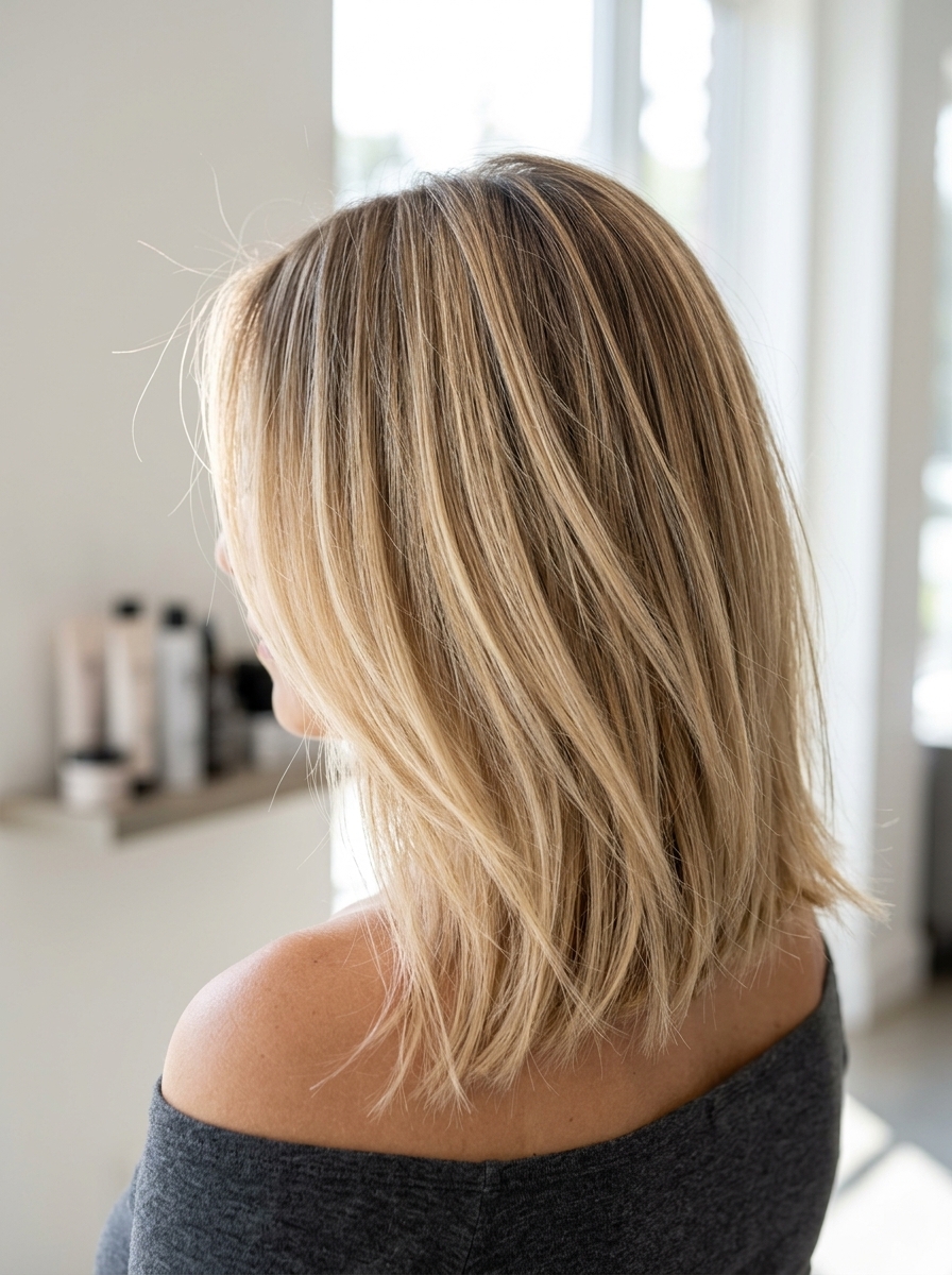 collarbone-length lob with buttercream balayage and vanilla gloss, subtle A-line, face-framing layers — effortless lived-in