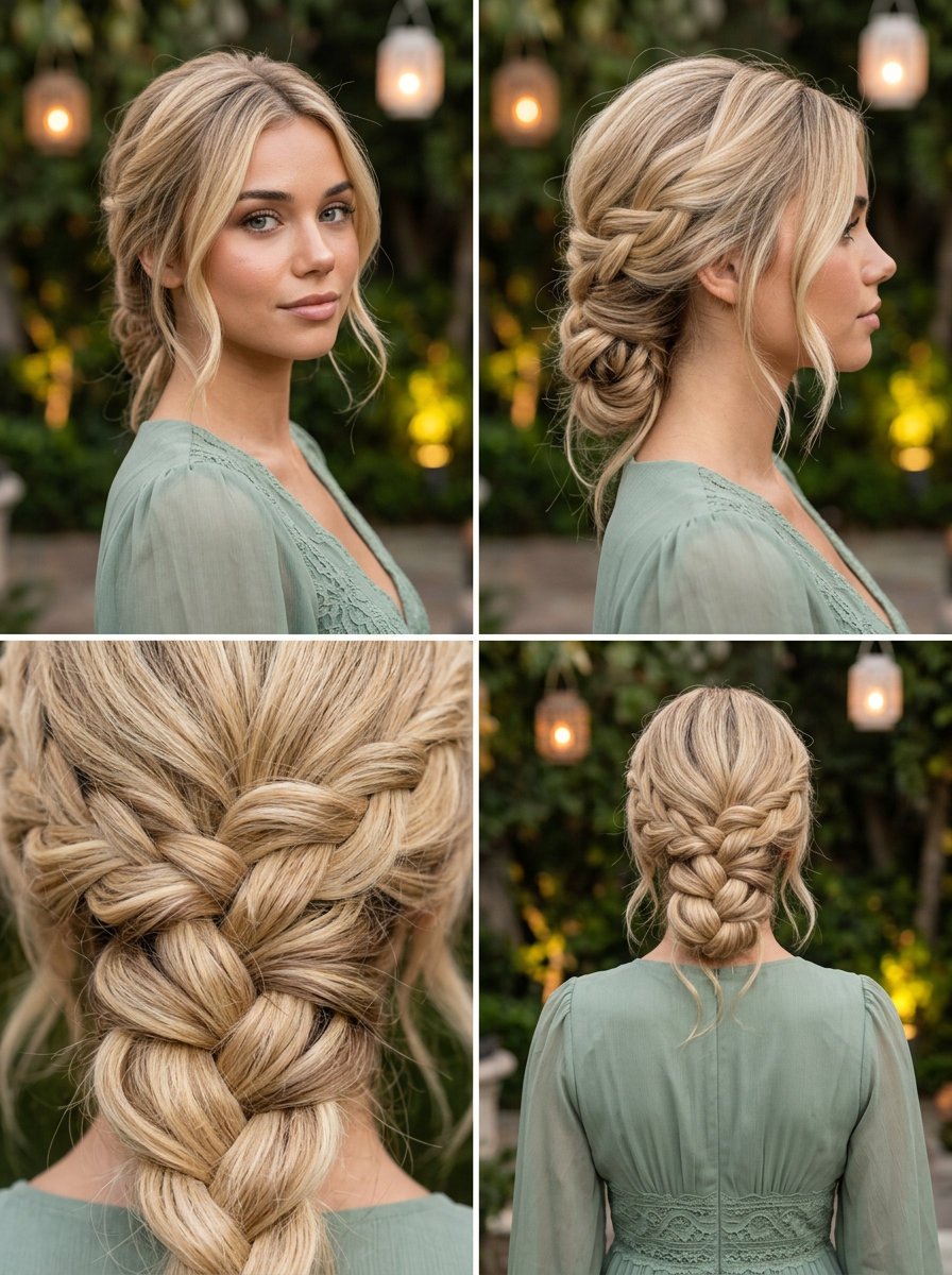 Romantic Pulled-Apart Braided Bun 2026 long buttercream blonde braided bun with golden babylights and pulled-apart texture for boho wedding