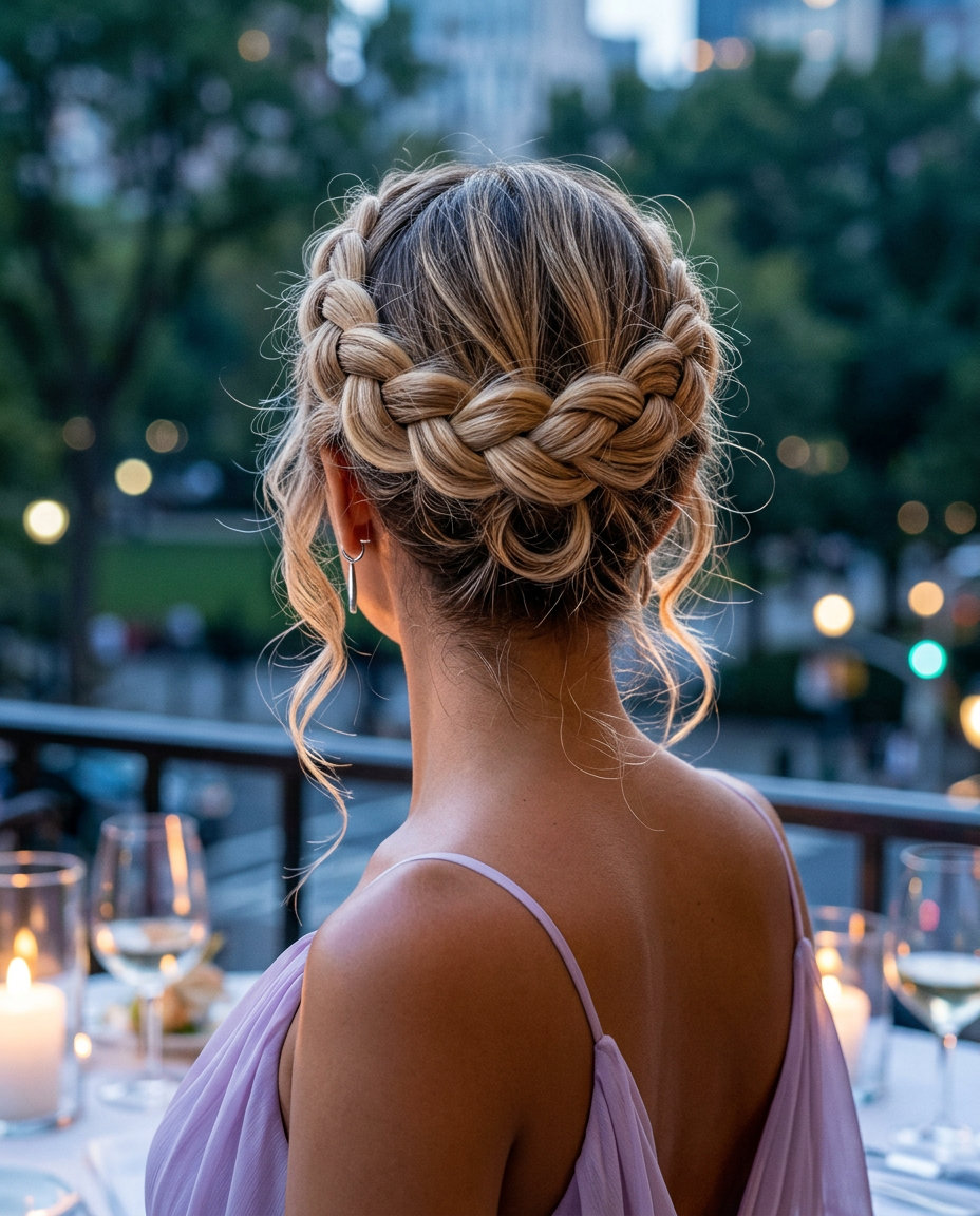 Ethereal Crown Braid Updo 2026 long crown braid updo with buttercream blonde hair, wispy tendrils β romantic ethereal wedding guest