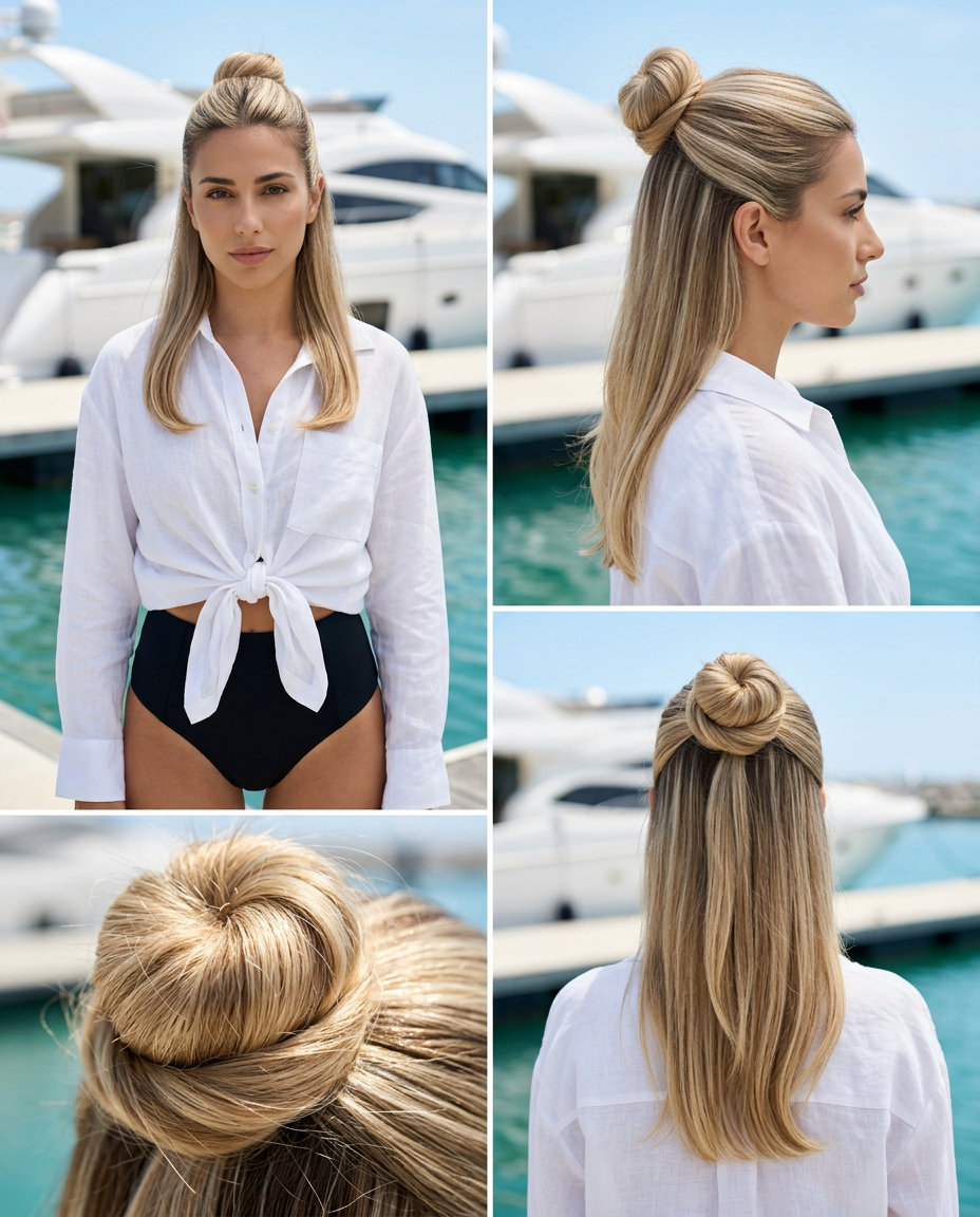 Minimalist Buttercream Blonde Top Knot 2026 long buttercream blonde half-up top knot with vanilla highlights, smooth texture, no fringe β casual daily wear