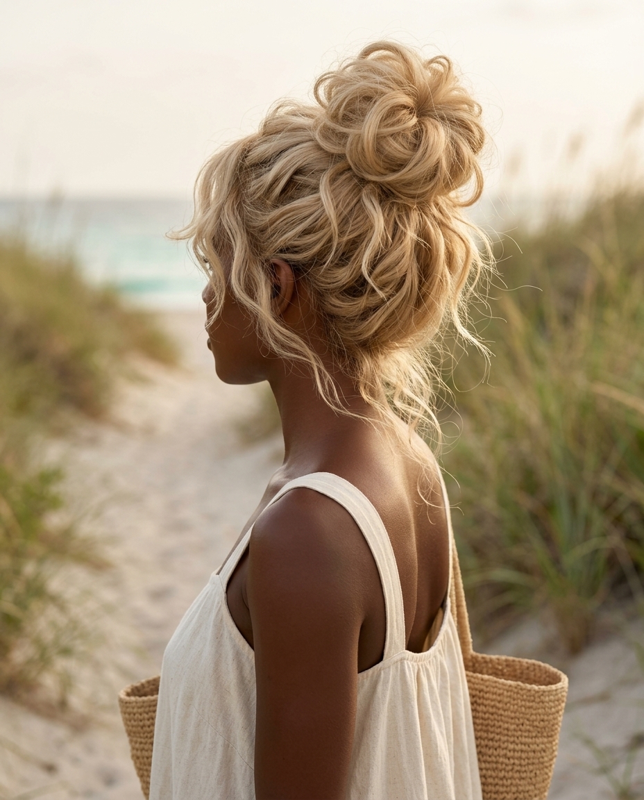 long buttercream blonde messy bun with pale gold lowlights, tousled and voluminous for beach days