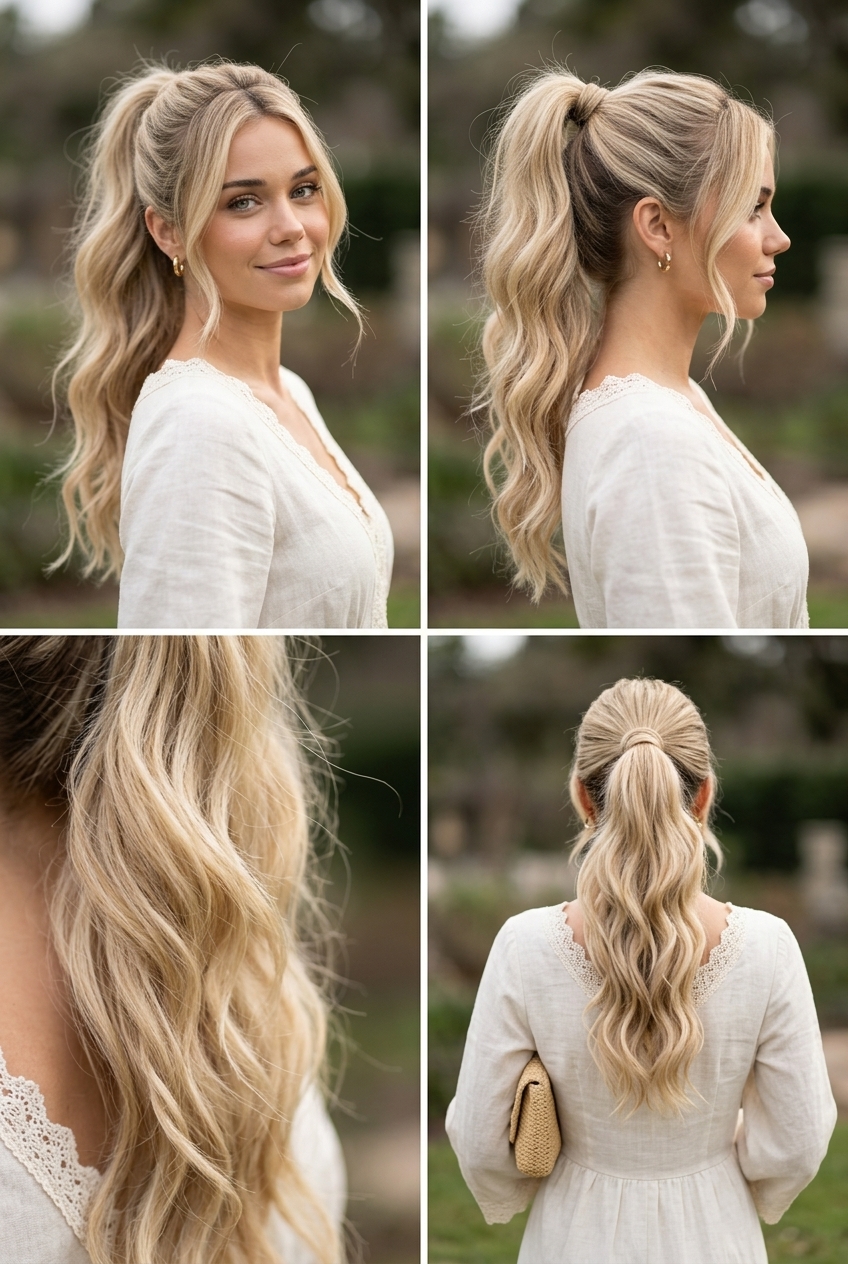Soft Wave Blonde Ponytail 2026 long soft wave ponytail with buttercream blonde, curling technique, face-framing tendrils β romantic summer