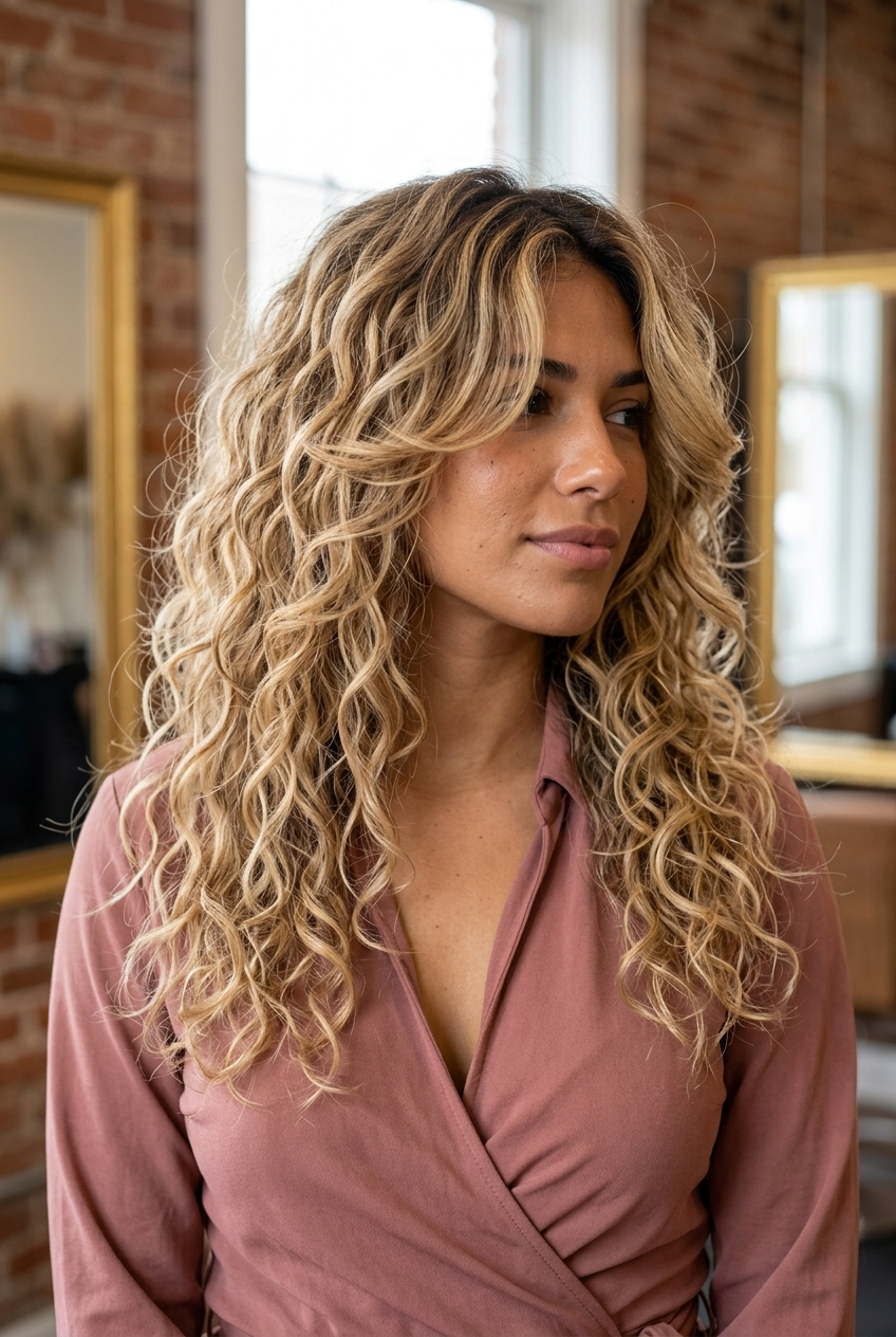 Sun-Kissed Butterfly Shag 2026: Curly Hair long curly butterfly shag with buttercream blonde & golden babylights, extreme face-framing layers, no fringe β radiant summer vibe