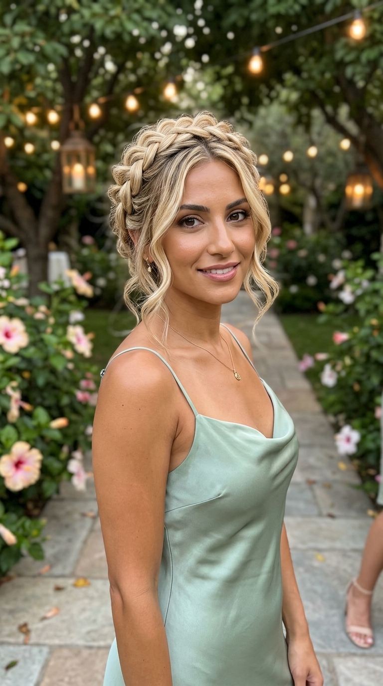 Ethereal Braided Crown 2026 long buttercream blonde braided crown with golden balayage and loose tendrils for a garden party