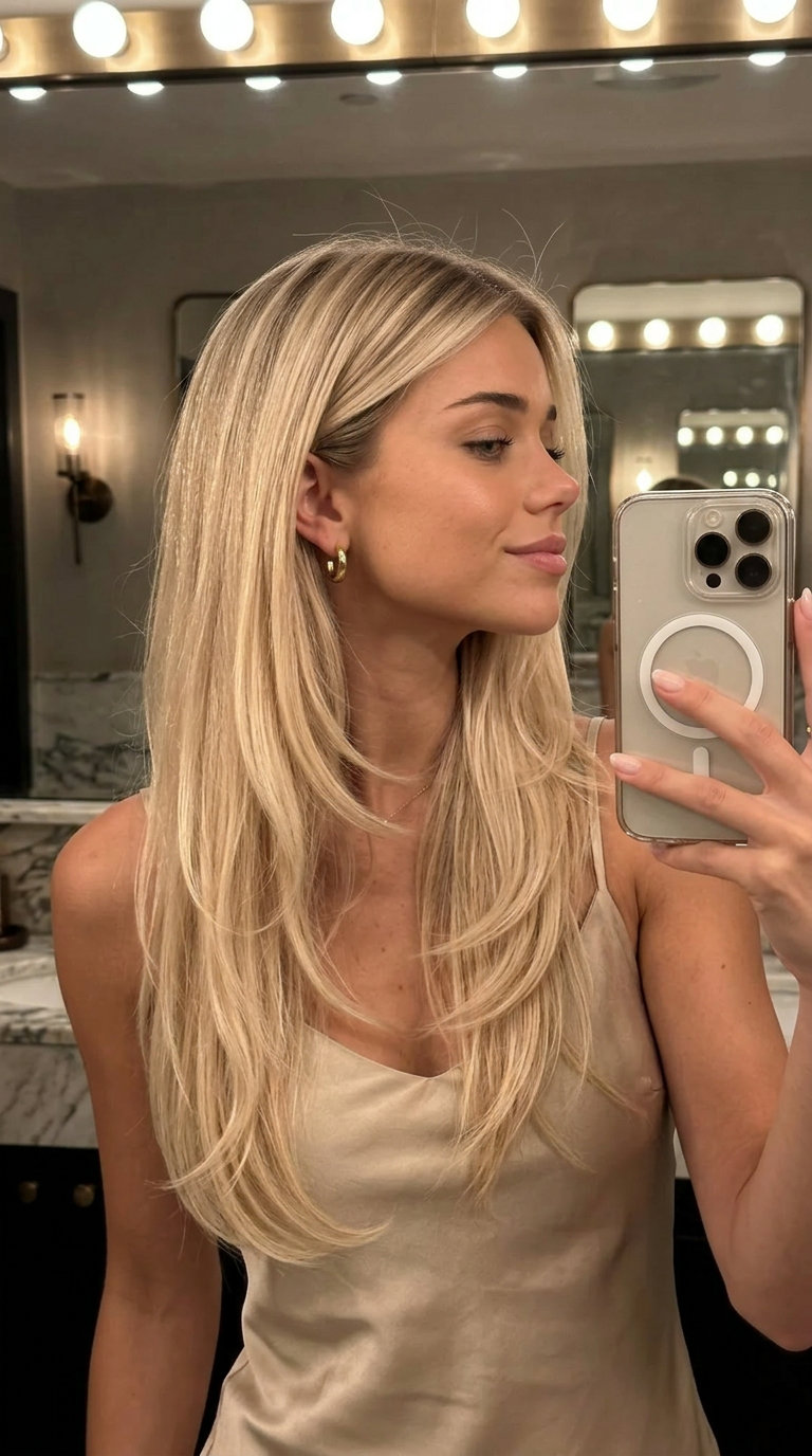 long buttercream blonde waves with natural dark blonde root melt for romantic style