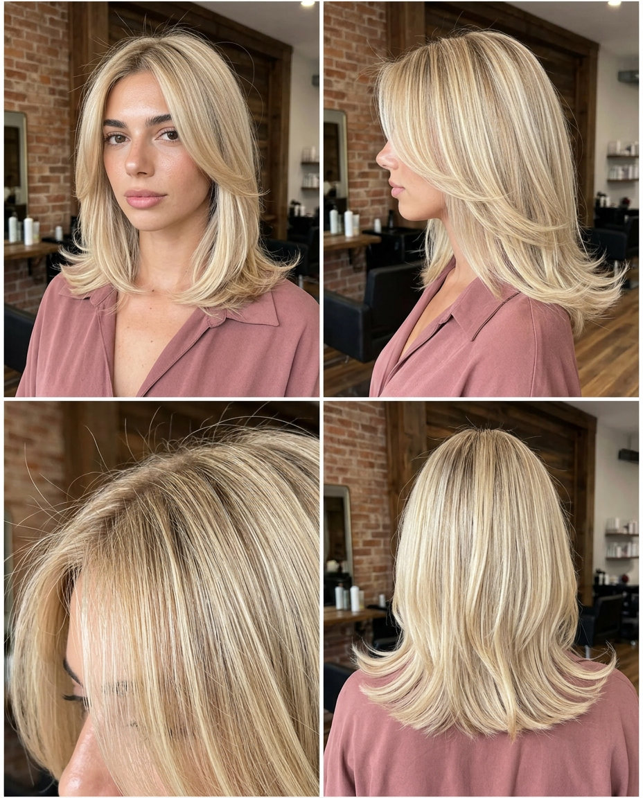 Buttercream Blonde Midi-Flick: Summer Hair 2026 medium haircut in warm buttercream blonde with golden-vanilla gloss, sandy root smudge, outward flick ends β glamorous playful style