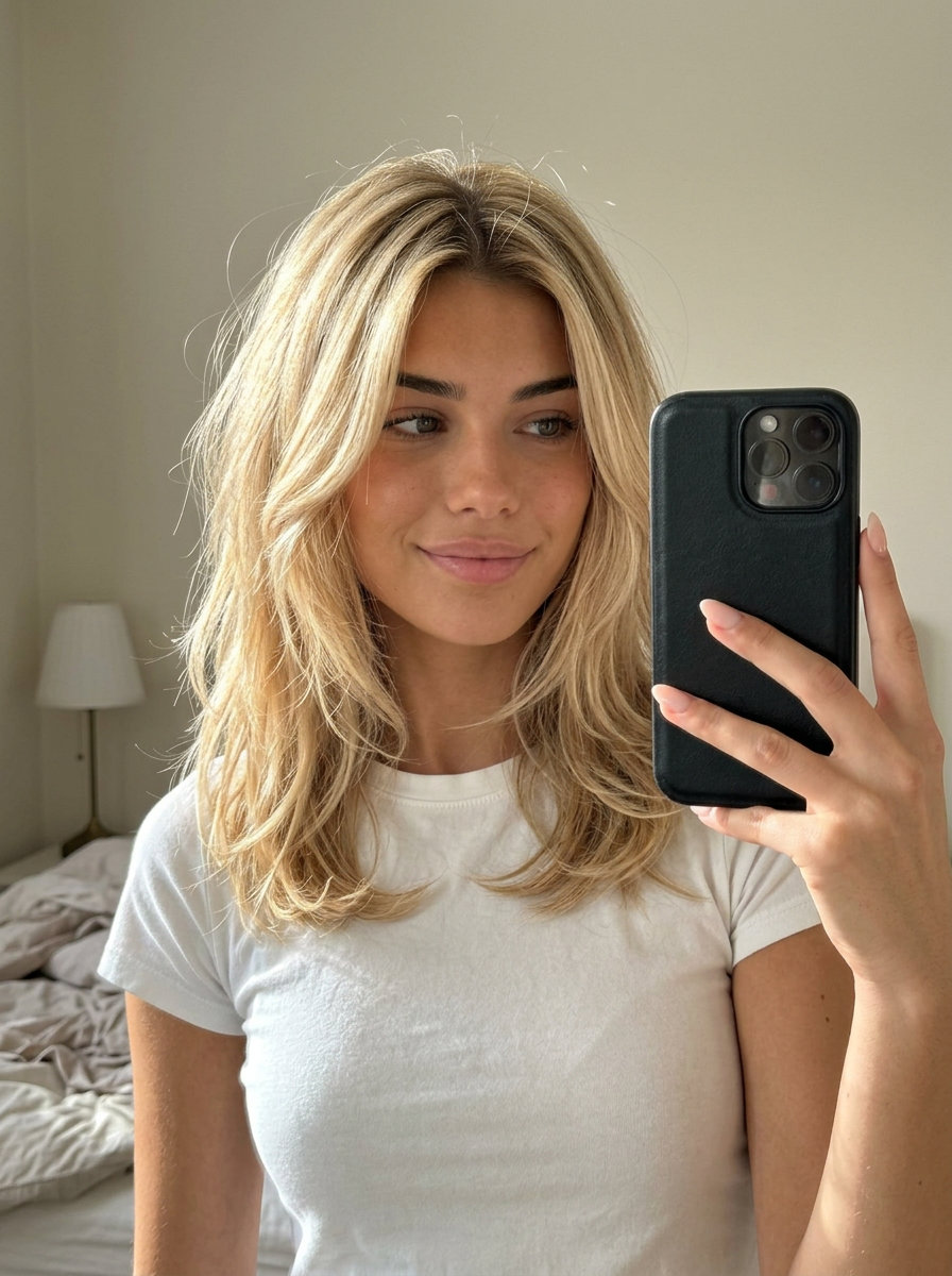 Tousled Buttercream Midi Haircut 2026 medium layered haircut with buttercream blonde & sandy root shadow, face-framing layers, no bangs β playful carefree