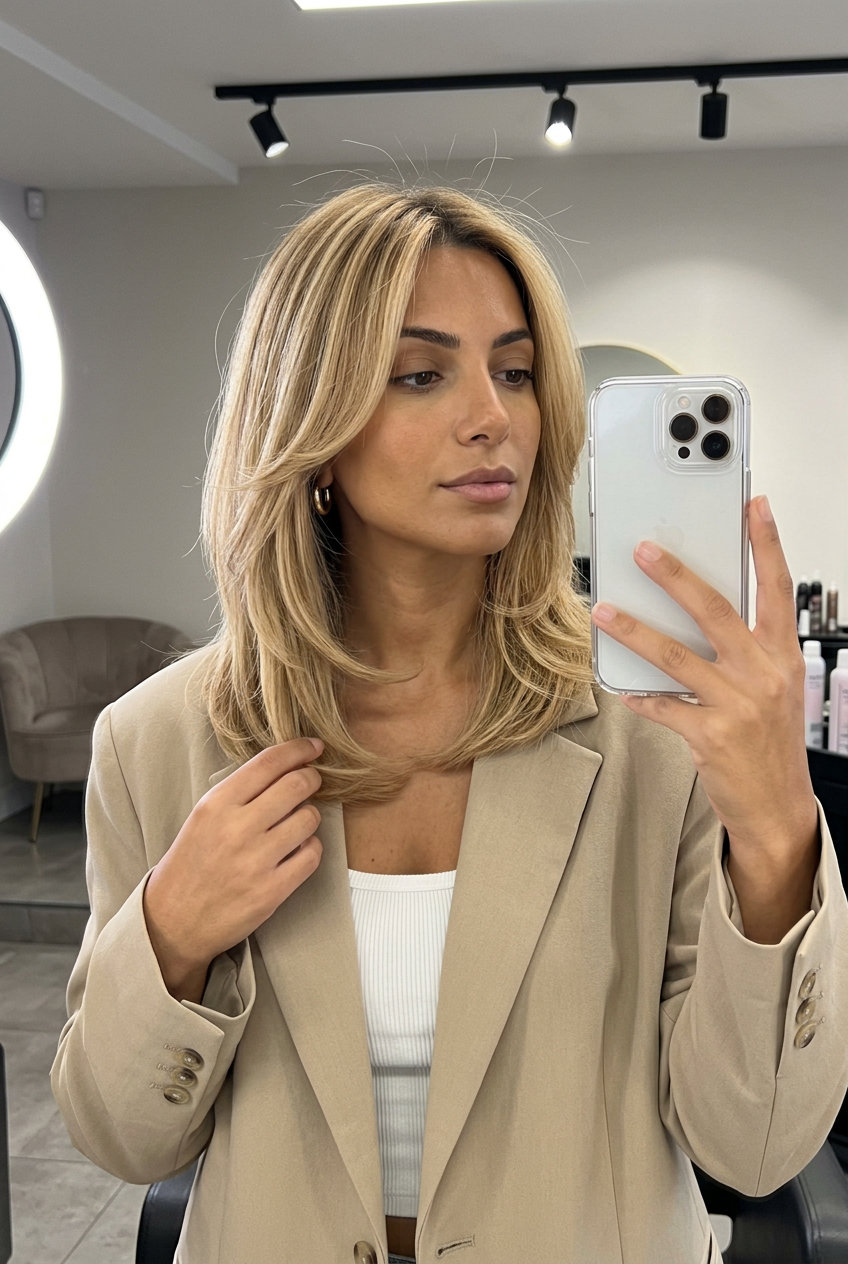 Buttercream Blonde Layered Midi 2026 medium layered haircut with buttercream blonde & honey babylights, vanilla root shadow β soft romantic