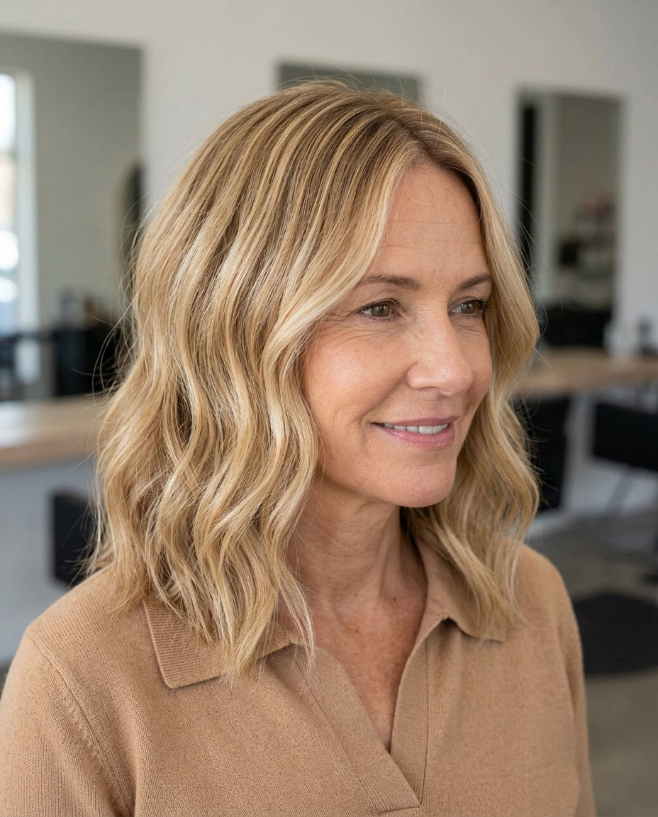 medium collarbone-length lob haircut with warm buttercream blonde, golden babylights, soft root smudge — playful, relaxed