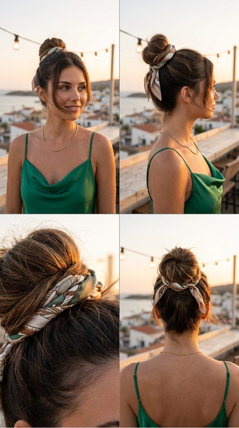Scarf Accent Messy Bun: Buttercream Blonde Elegance 2026 Buttercream blonde messy bun hairstyle with honey gold babylights and a silk scarf accent for brunch
