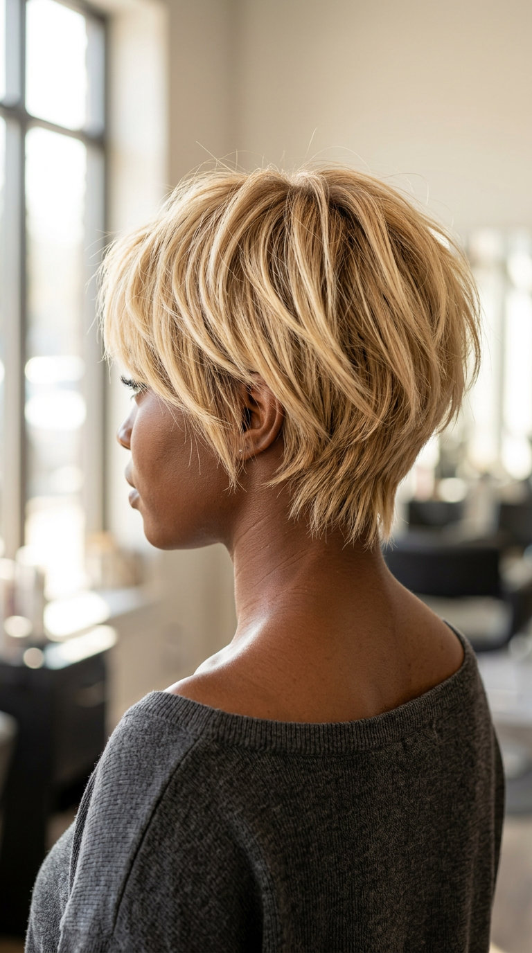 Buttercream Highlighted Bixie Haircut 2026 short bixie haircut with buttercream highlights on honey blonde base and soft layers for playful vibes