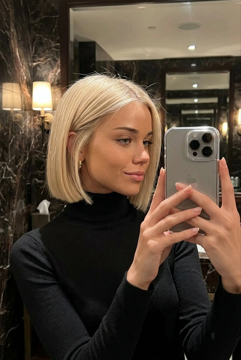 Buttercream Blonde Glass Bob 2026 short blunt bob haircut in buttercream blonde with vanilla gloss for luxurious style