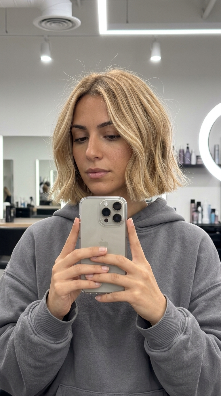 Buttercream Blonde Bob 2026 short blunt bob haircut with warm buttercream blonde, golden babylights, vanilla root smudge β playful beachy style