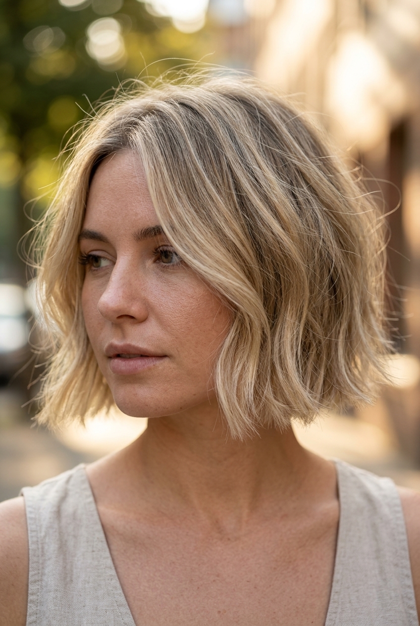 Lived-In French Bob 2026: Buttercream Blonde short french bob haircut with buttercream blonde, beige lowlights and diffused face-framing for lived-in texture