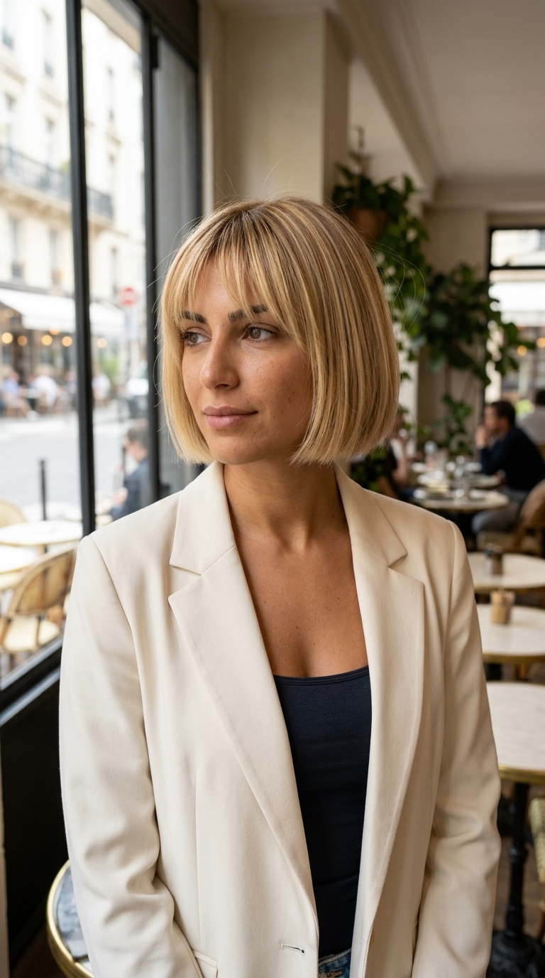 Gorgeous Summer French Bob 2026: Gilded Parisian Pixie Bob short french bob haircut with warm buttercream blonde, babylights, and root smudge — chic professional look