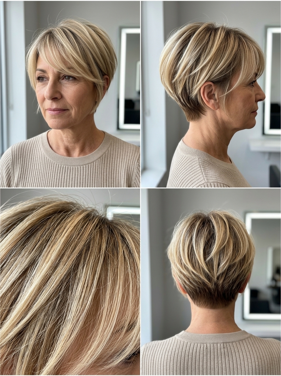short buttercream blonde pixie with honey babylights, dark vanilla root shadow, wispy fringe — playful