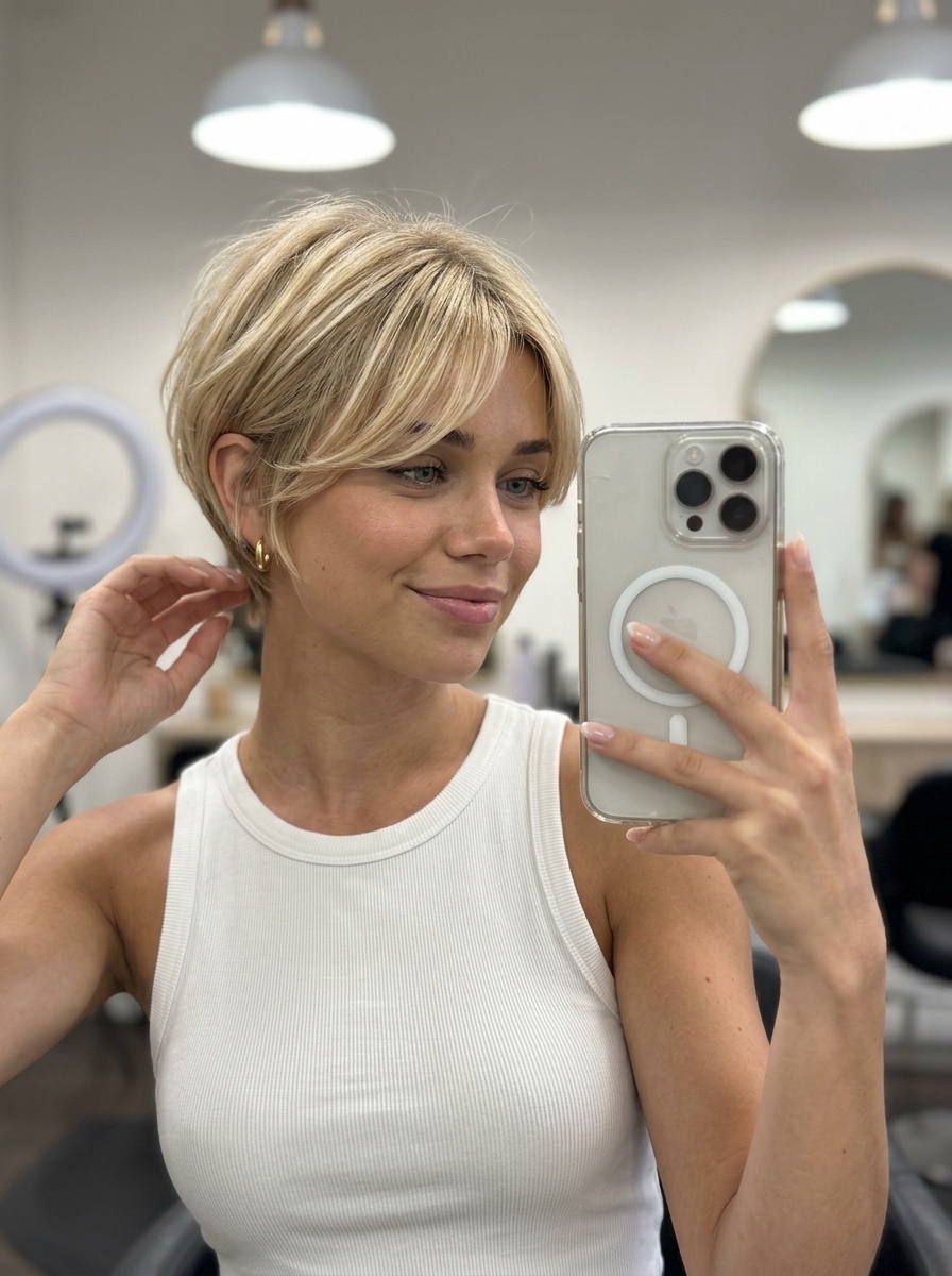 short pixie with warm buttercream blonde, vanilla root smudge, and side-swept micro-fringe for playful look