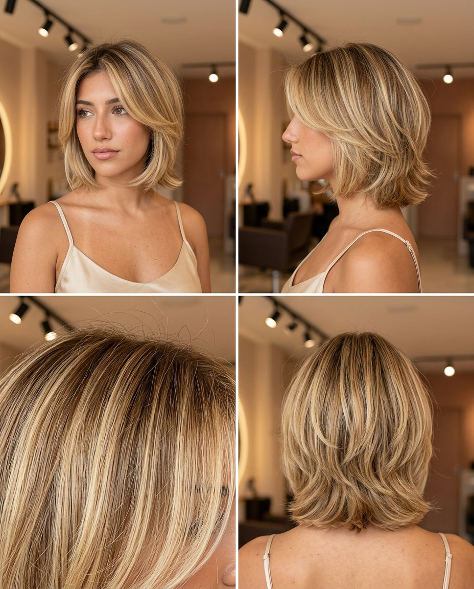 short shag with buttercream blonde ombré, golden caramel babylights, and face-framing layers for bohemian vibe