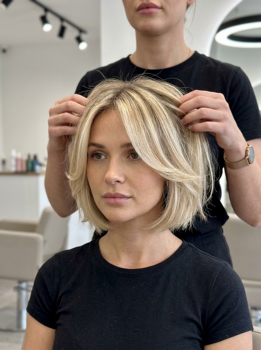 short textured crop in buttercream blonde with honey babylights, side-swept fringe — polished professional