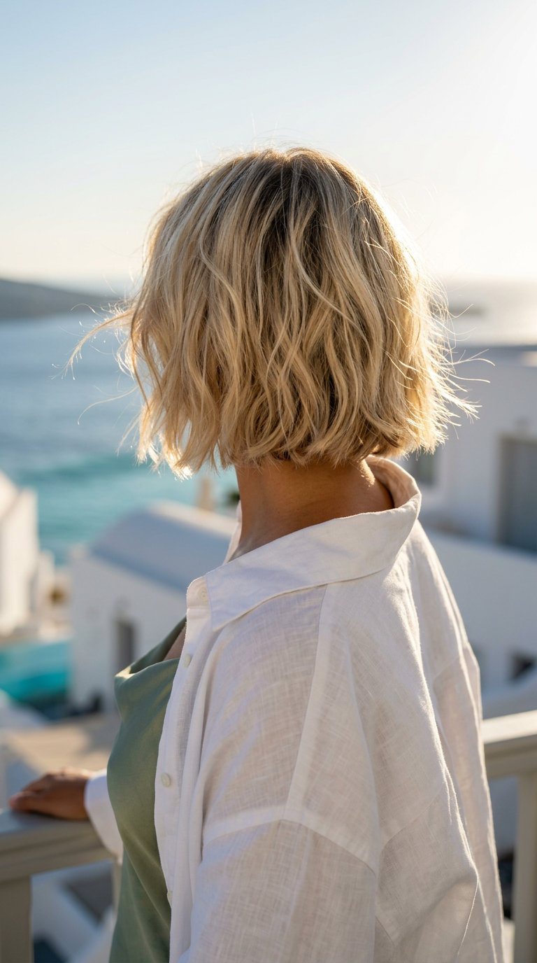 short tousled haircut in buttercream blonde with dark root smudge and face-framing pieces for effortless chic