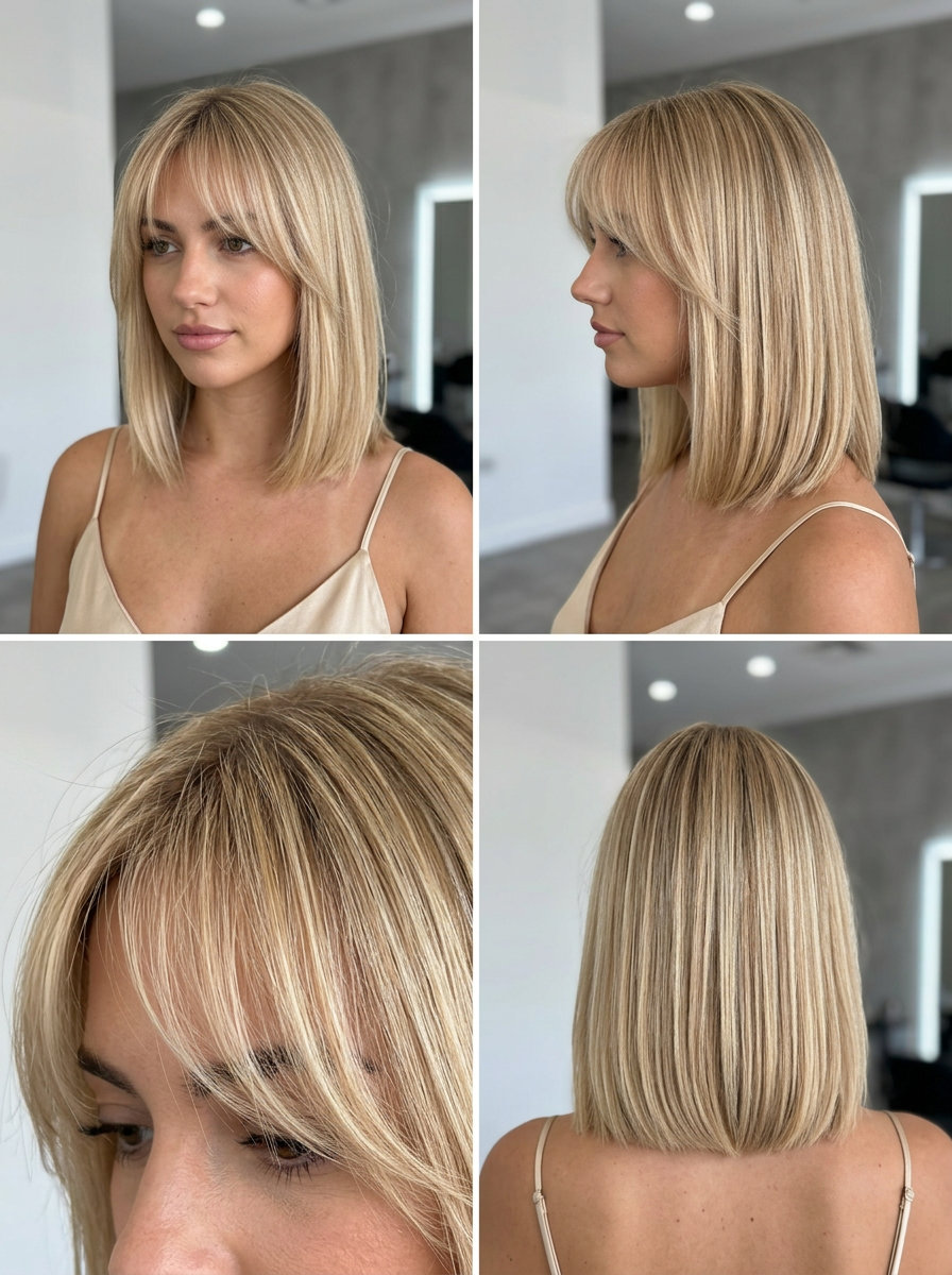 shoulder-length blunt bob haircut with buttercream blonde, champagne babylights, wispy bangs — chic effortless style
