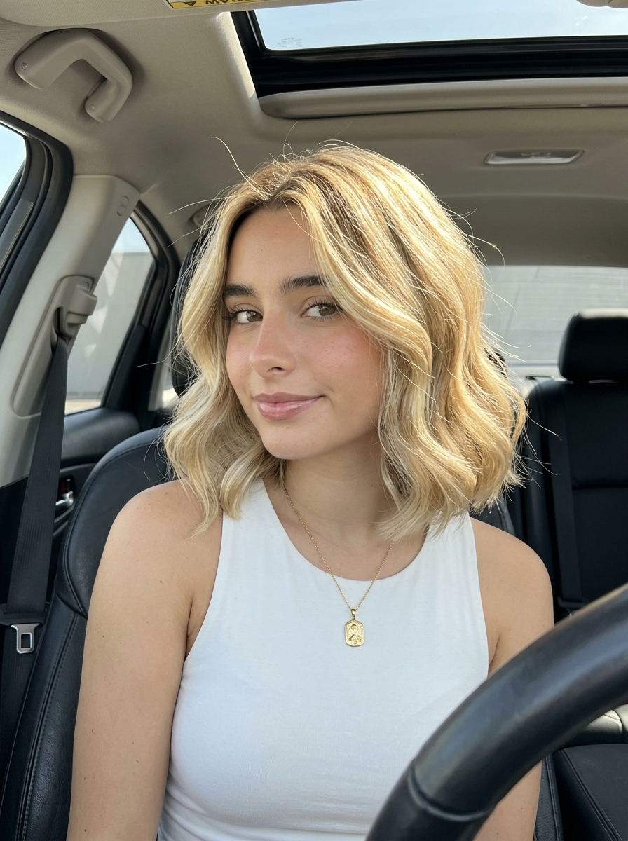 shoulder-length wavy bob haircut in buttercream blonde with honey babylights and root smudge for summer