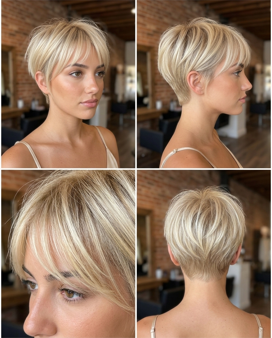Coquette Fringe Pixie 2026: Romantic Buttercream Blonde very short pixie haircut in buttercream blonde with vanilla babylights, wispy fringe, soft taper β romantic date night style