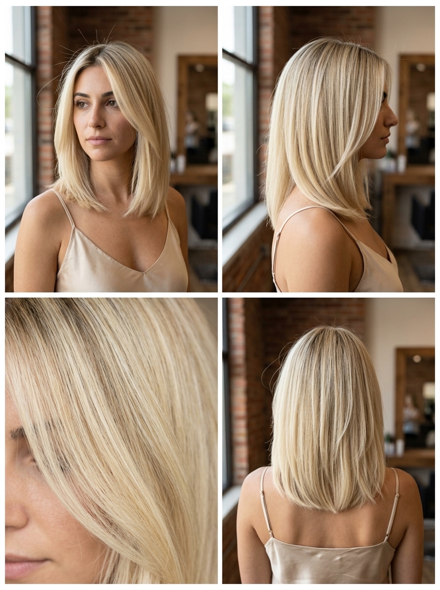 collarbone buttercream blonde midi-cut with natural root melt and face-framing pieces for soft style