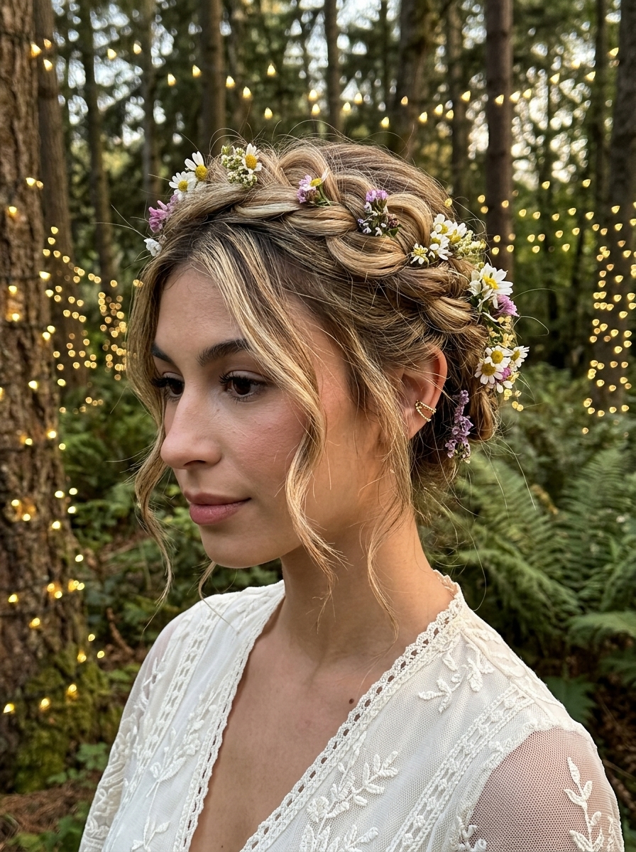 Ethereal Twisted Crown with Wildflowers 2026 long twisted crown updo with buttercream highlights and wildflowers for garden party