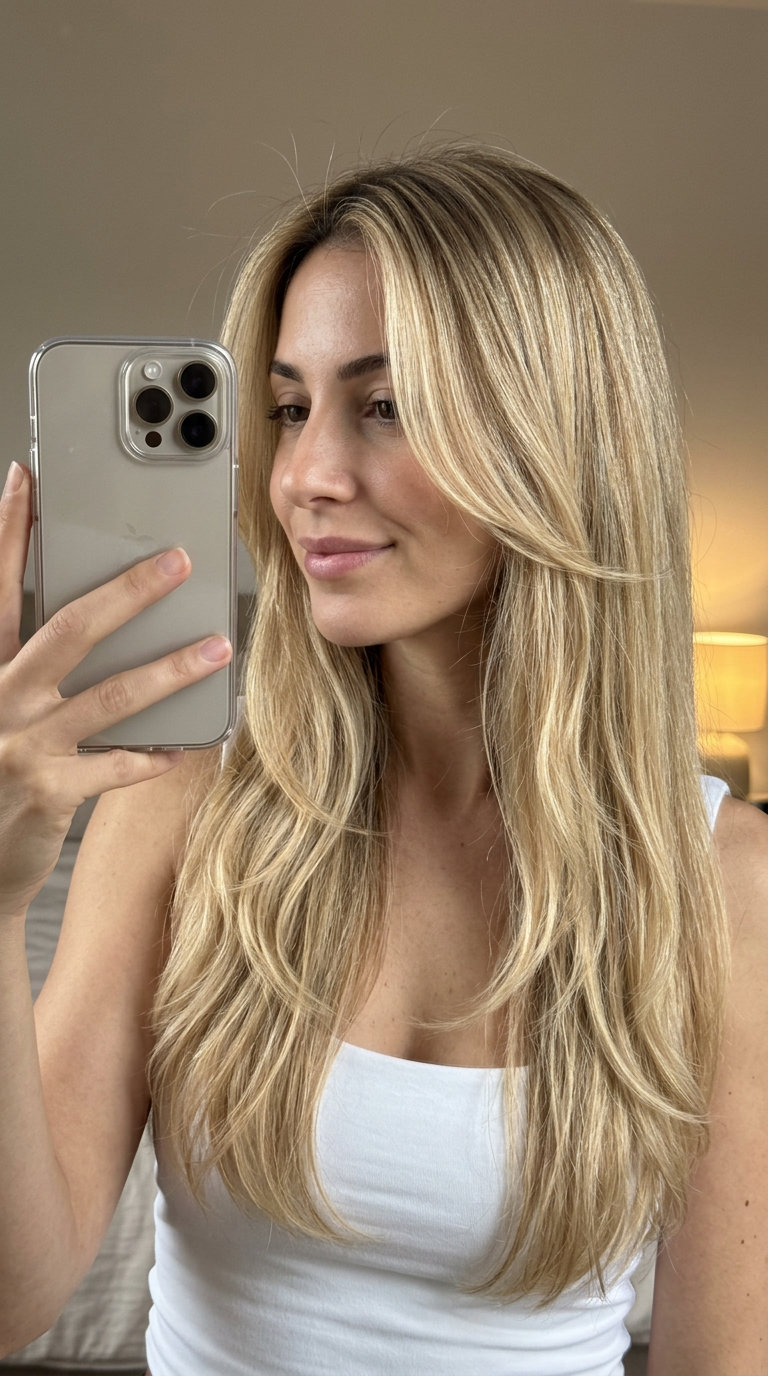 long layered haircut with buttercream blonde balayage & honey babylights, face-framing layers for round face