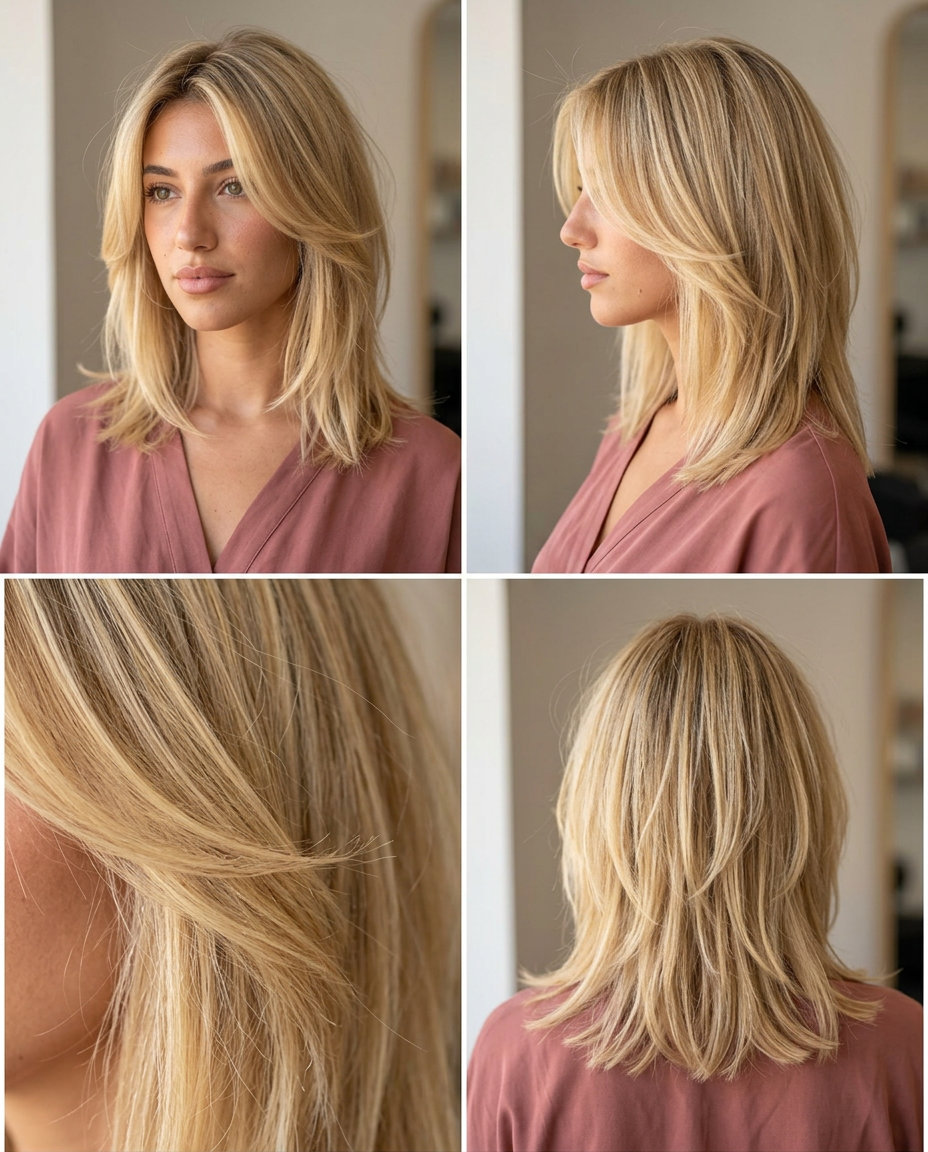 medium shag haircut with buttercream blonde, babylights, no bangs — minimalist, effortless
