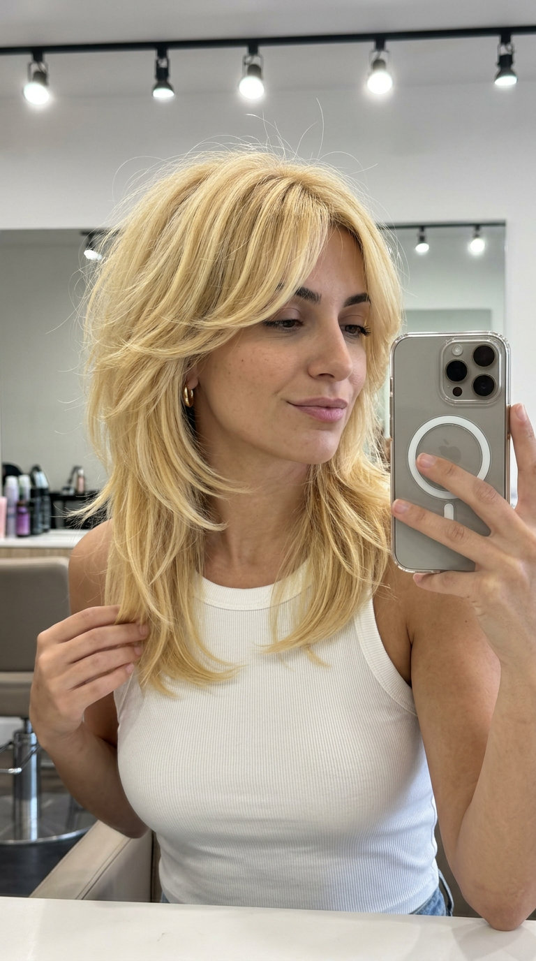 medium shag haircut in buttercream yellow blonde with honey lowlights and curtain bangs for festival