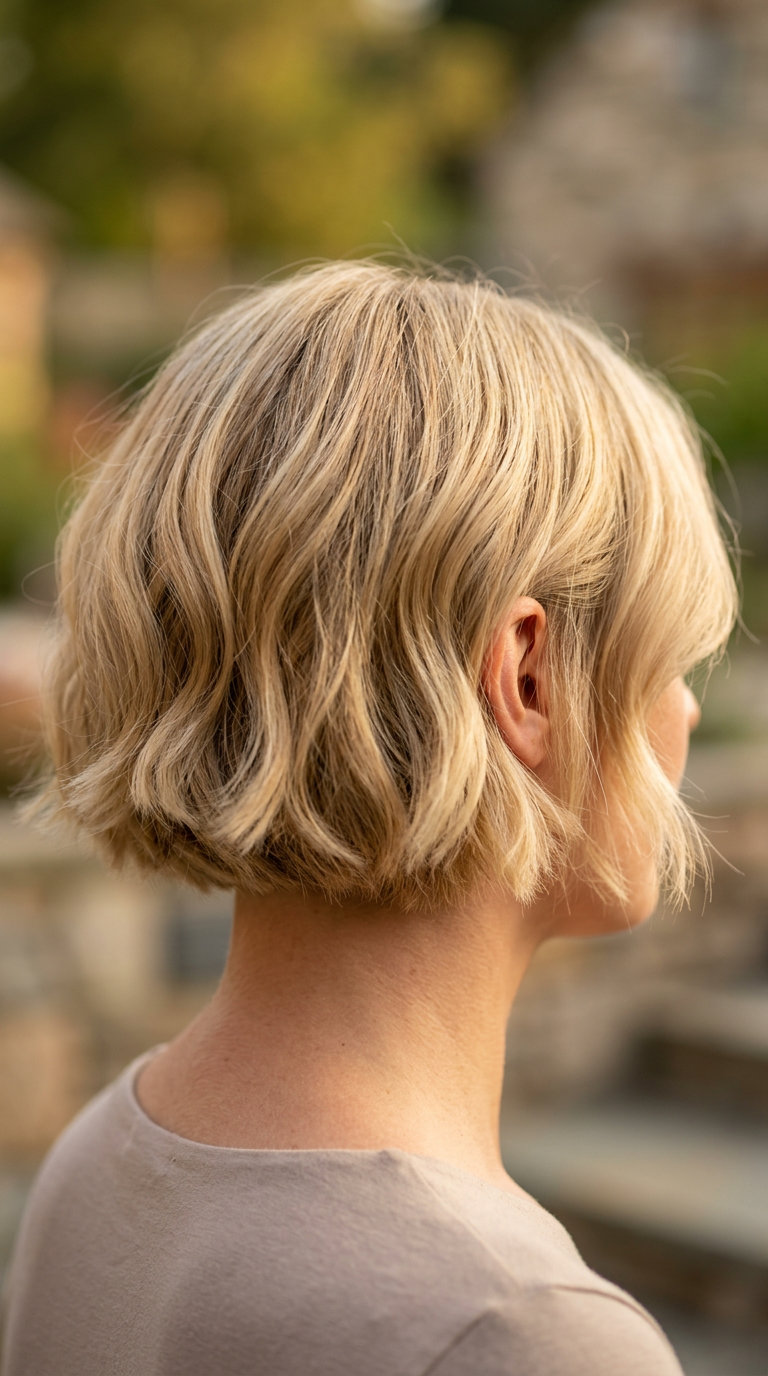 Gorgeous Summer Blunt Bob 2026: Buttercream Wavy Bob short blunt bob haircut with buttercream blonde color, soft point-cut ends, deep side part β romantic, soft