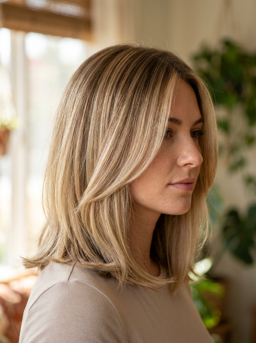 Golden Hour Buttercream Butterfly Lob 2026 shoulder-length buttercream balayage butterfly haircut with honey accents, soft swept-back fringe for summer wedding