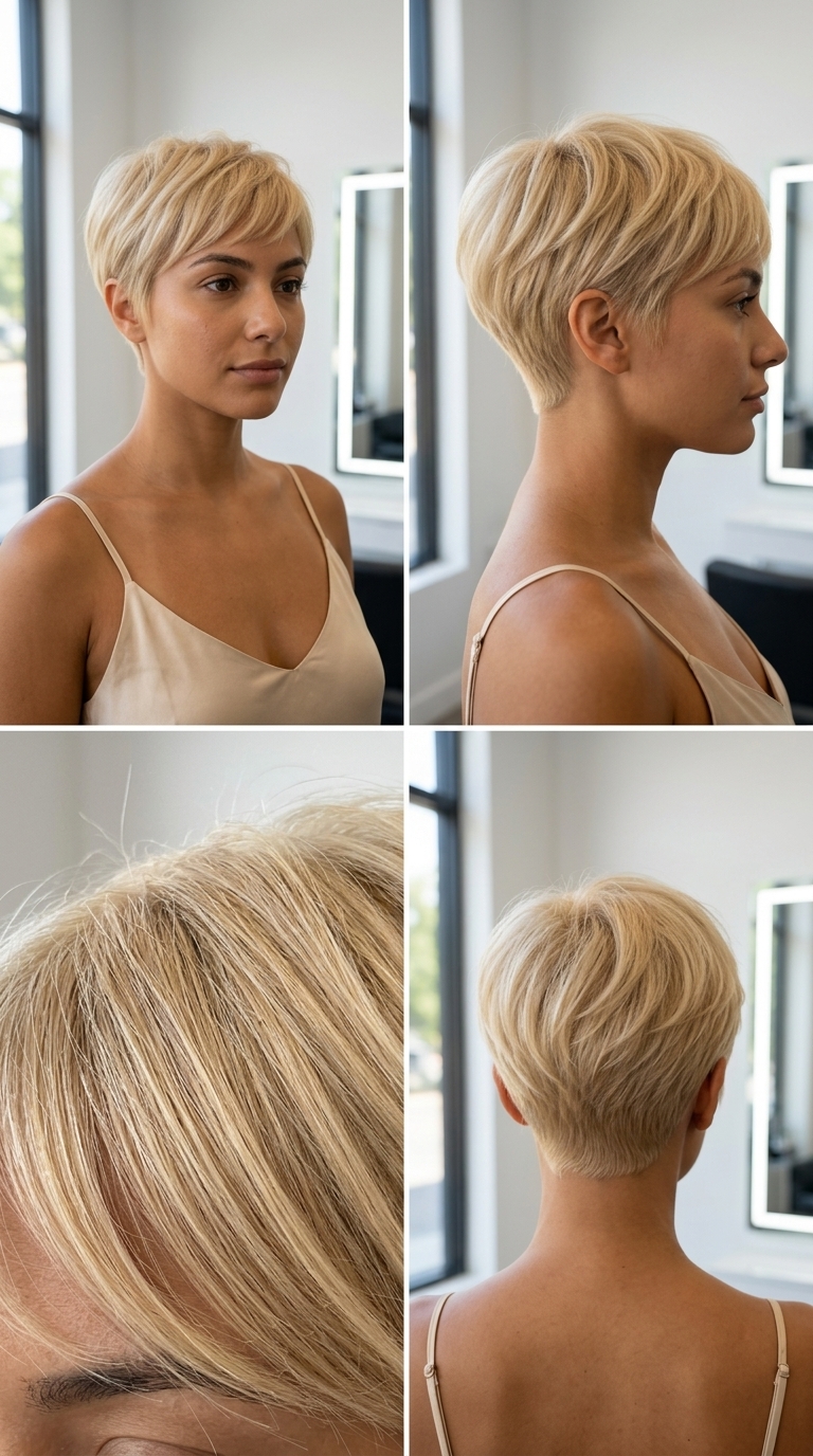 Buttercream Pixie Haircut 2026 very short buttercream pixie haircut with vanilla root, soft waves, side-swept fringe β effortless & charming