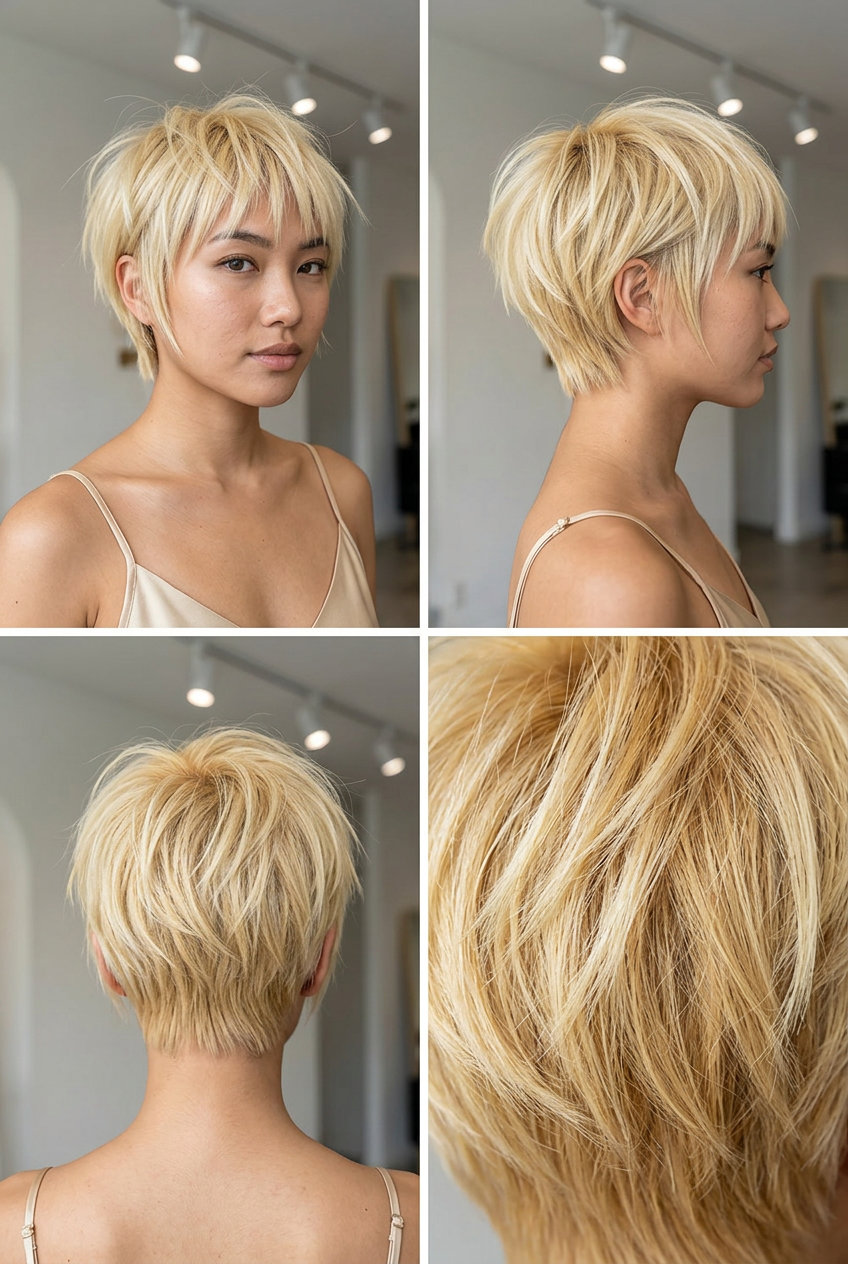 short choppy haircut in buttercream yellow platinum with golden tones and razored fringe for summer