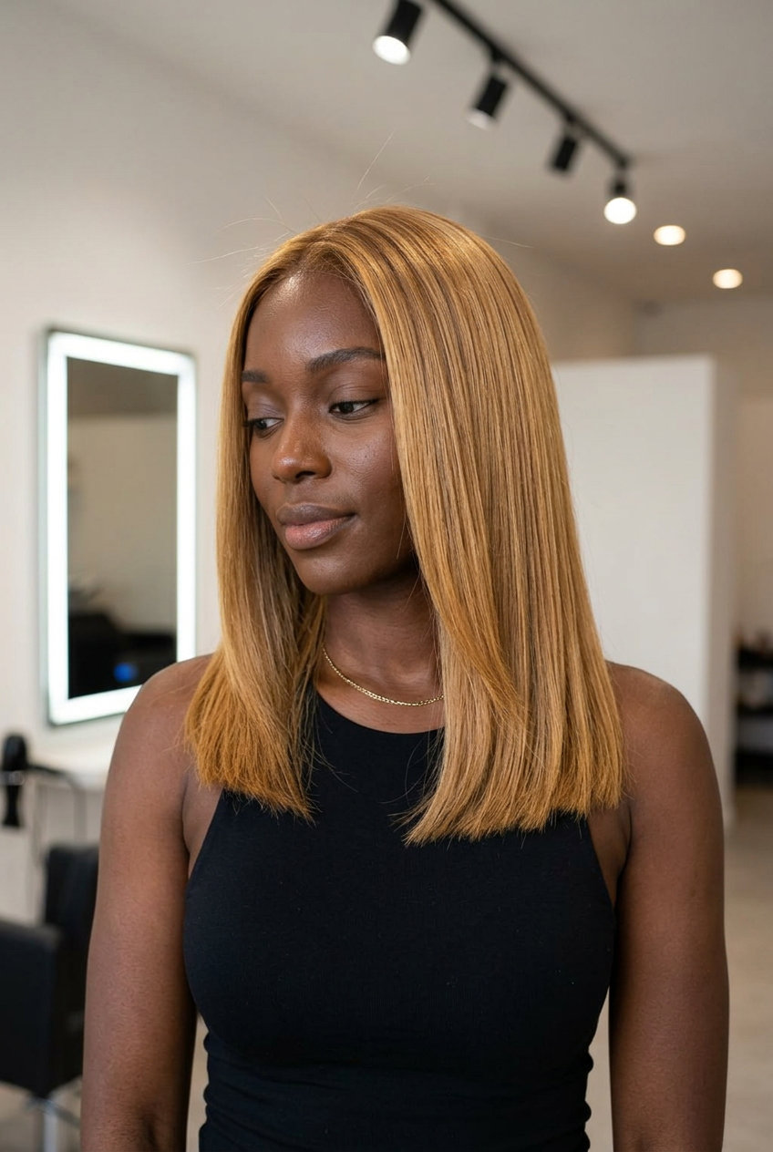 sleek Italian bob honey blonde all-over color with butterscotch caramel and golden cream tones for luxe glamour