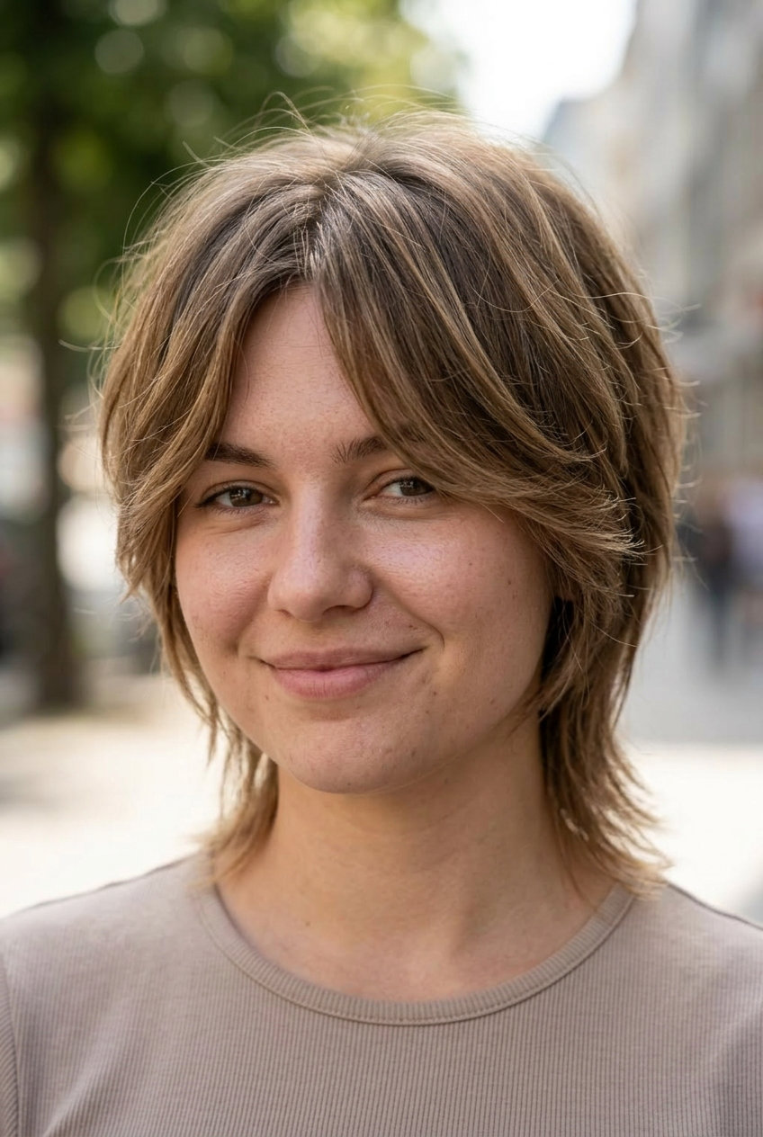 short pixie-mullet haircut with caramel balayage, sandy blonde, wispy fringe — playful edgy style