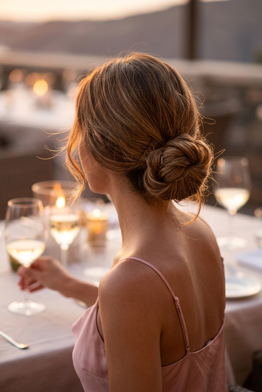 long warm caramel brunette messy low bun with honey highlights and face-framing tendrils for summer 2026
