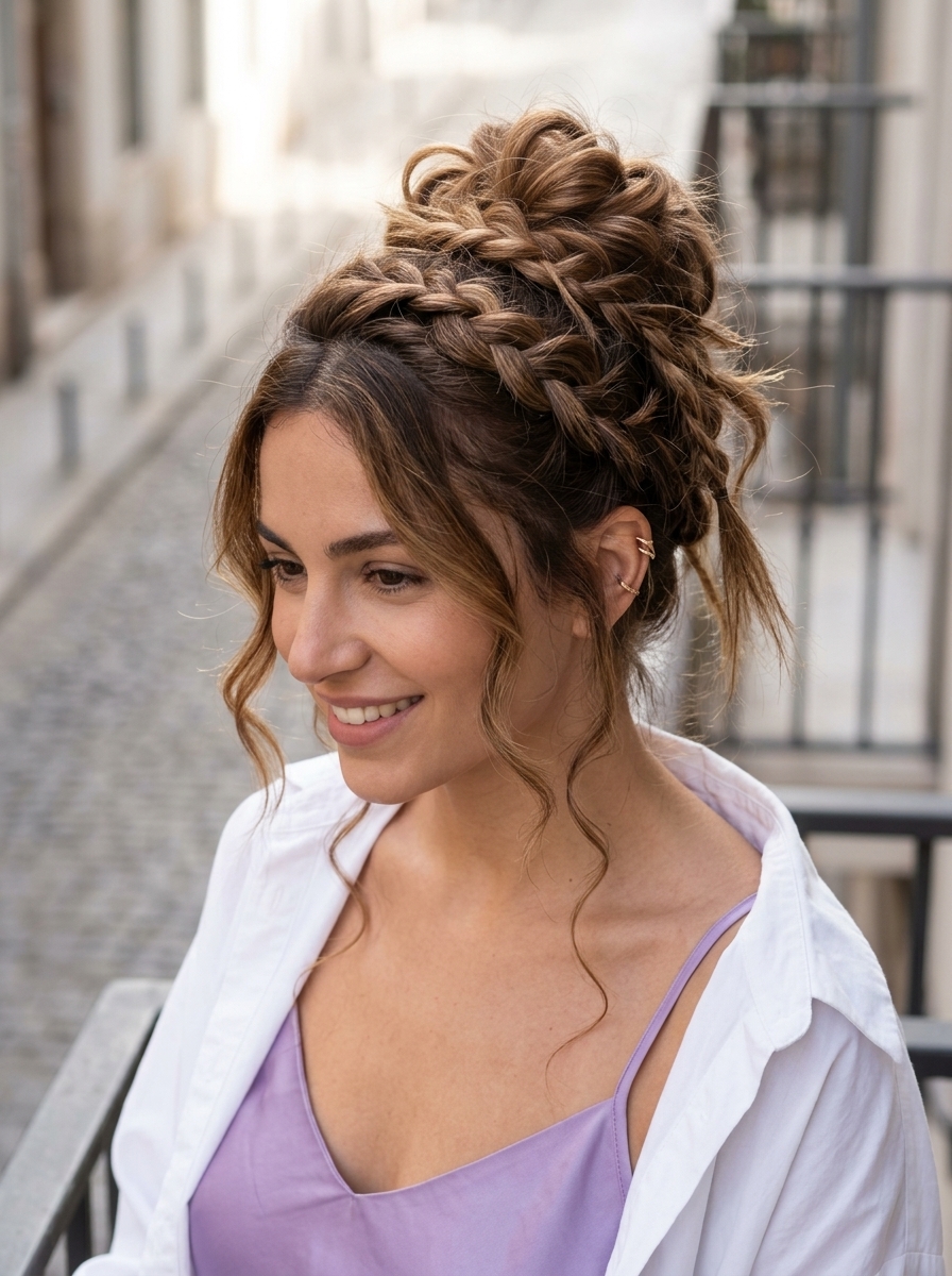 multiple braids in caramel brunette, varied thicknesses, softened ends — romantic bohemian style