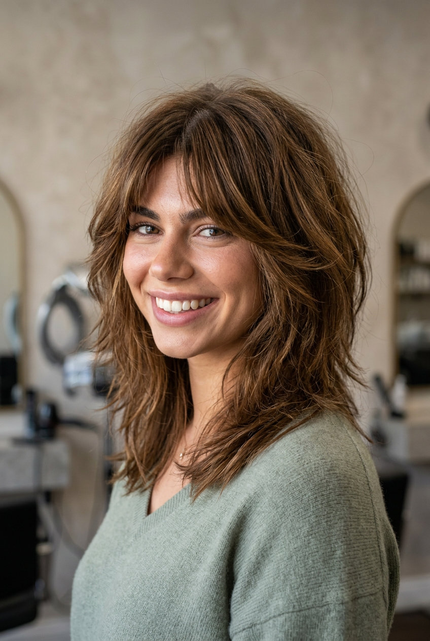 Boho Summer Shag: Textured Haircut with Bangs 2026 shoulder-length shag haircut with warm caramel brunette and golden babylights, choppy layers, bottleneck bangs β playful boho