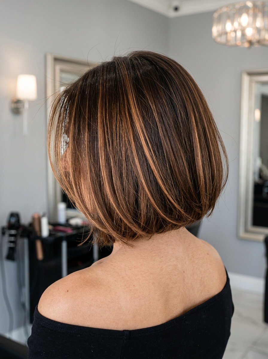 chin-length bob haircut with caramel ribbon highlights on chocolate brunette, point-cut ends, clean side part — chic summer style