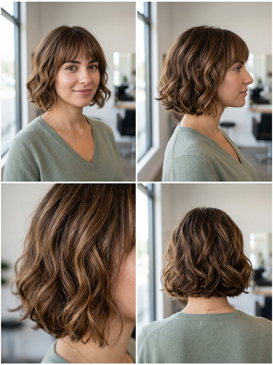 chin-length french bob haircut with caramel babylights and natural texture for casual