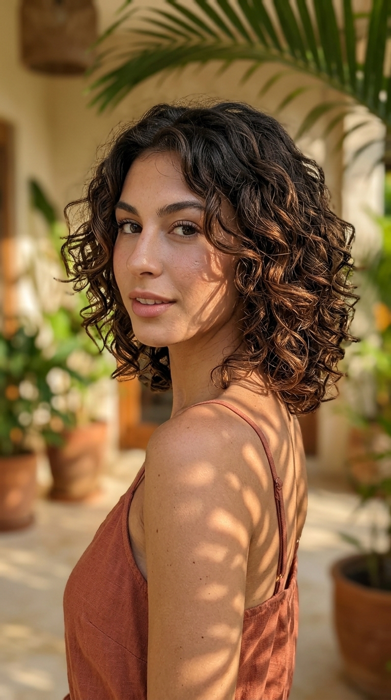 Textured Curly Crop 2026 chin-to-collarbone textured curly cut with caramel balayage for summer