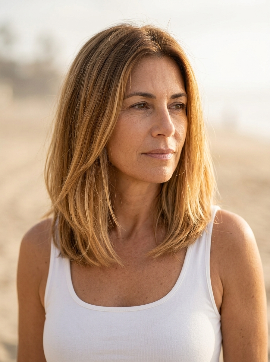 shoulder-length lob haircut with caramel and honey blonde ombré, soft interior layers, no bangs — playful weekend outing