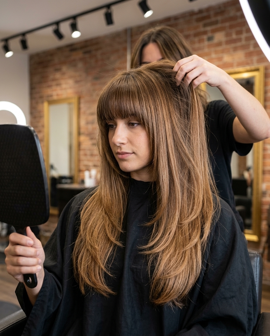Golden Hour Cascade: Long Haircut with Full Fringe 2026 extra-long cascade haircut with caramel and honey balayage, soft layers, blunt full fringe β romantic bohemian