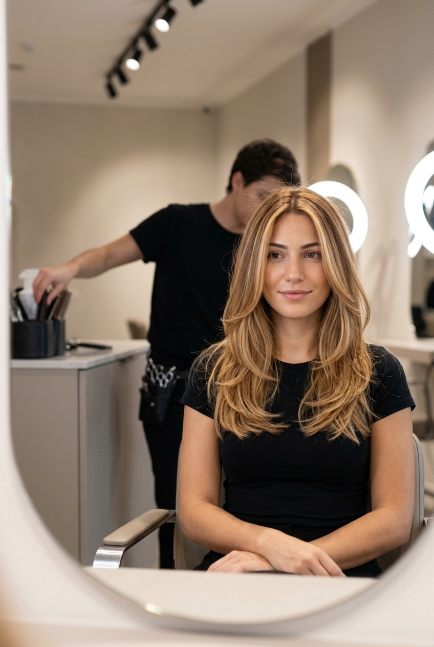 long honey blonde hair color with caramel honey blonde balayage and golden lowlights
